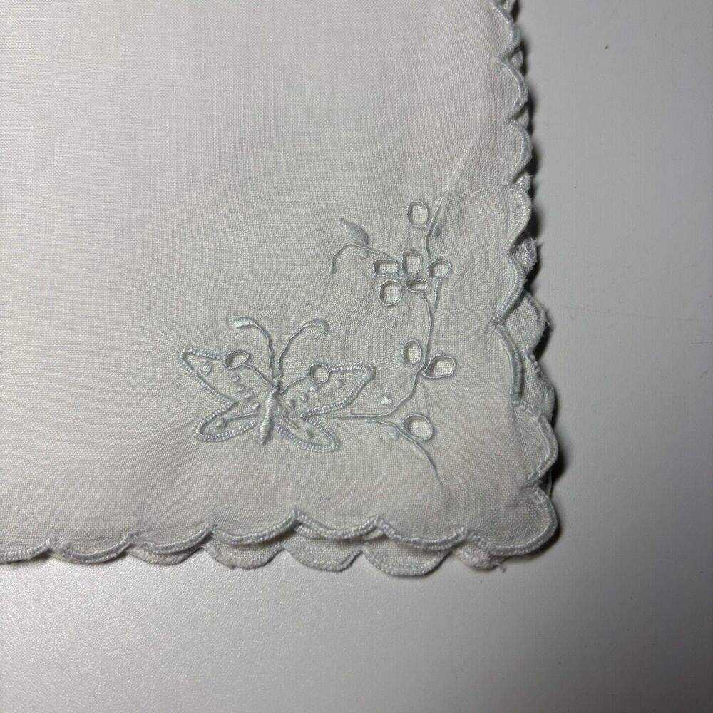 5 Vintage Tea Napkins White Hand Embroidered Butterfly Original Box Scalloped
